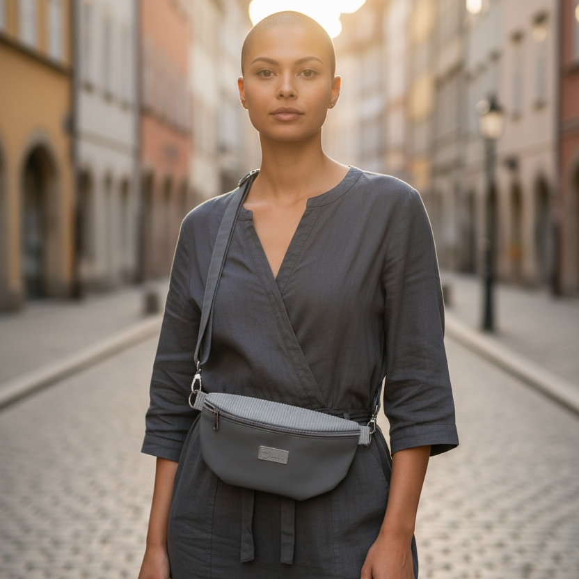 Bauchtasche Medium Kunstleder/Cord grau
