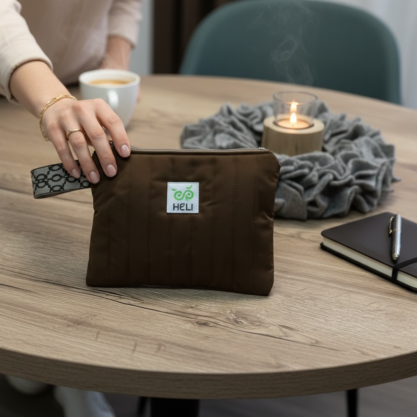Kleine Kosmetiktasche – Braun Gesteppt